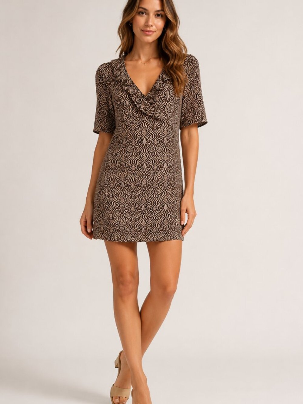 Southwind Apparel Black Tan Geometric Ruffle Neck Mini Dress w/ pockets